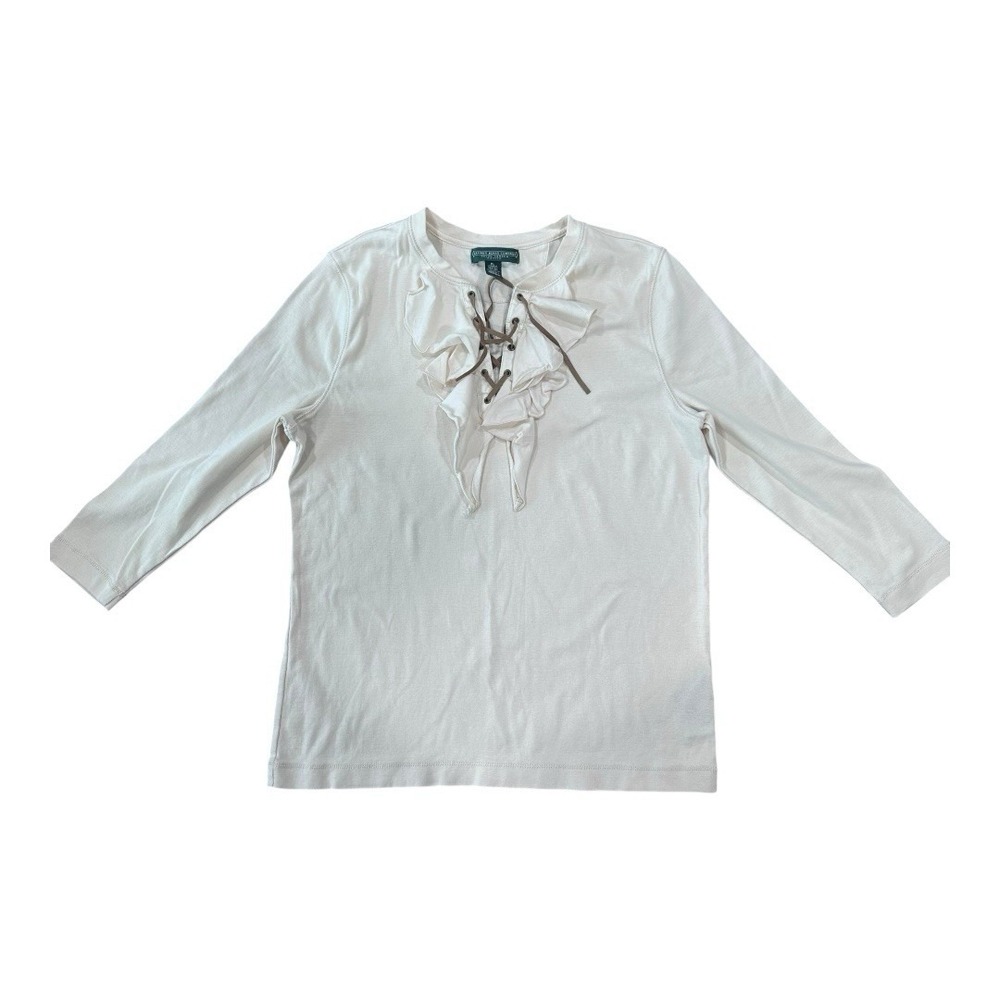 Ralph Lauren Jeans‎ Peasant Shirt Petite Large Ecru Ruffle Lace-up Cotton Top